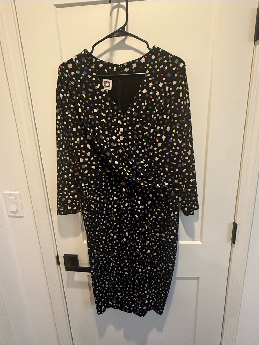 Anne Klein Black Long-Sleeve Wrap Dress with Colorful Dot Print